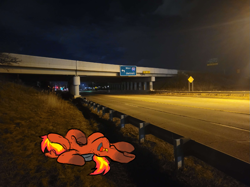 Size: 881x659 | Tagged: safe, artist:reddthebat, derpibooru import, oc, oc only, oc:tinderbox, pegasus, pony, bad anatomy, butt, dead, family guy death pose, highway, mohawk, night, photo, solo, soot