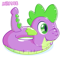 Size: 953x881 | Tagged: safe, artist:mirakee, derpibooru import, spike, dragon, g4, green eyes, inflatable, inflatable toy, inner tube, male, pool toy, purple, simple background, solo, white background