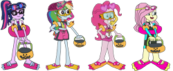 Size: 8280x3405 | Tagged: safe, artist:christian soto, derpibooru import, fluttershy, pinkie pie, rainbow dash, sci-twi, twilight sparkle, better together, equestria girls, forgotten friendship, g4, clothes, equestria girls specials, female, flippers, glasses, goggles, halloween, hat, holiday, inner tube, pool toy, pumpkin bucket, simple background, snorkel, sunglasses, swim mask, swimsuit, towel, transparent background, trick or treat, water wings, wetsuit