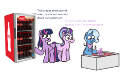 Size: 1585x955 | Tagged: safe, artist:zoeyhorse, derpibooru import, starlight glimmer, trixie, twilight sparkle, twilight sparkle (alicorn), alicorn, pony, unicorn, g4, bib, brushable, coca-cola, dialogue, female, fork, hoof hold, horn, knife, mare, pica, simple background, smiling, too dumb to live, toy, trio, trio female, white background