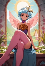 Size: 832x1216 | Tagged: safe, ai content, derpibooru import, machine learning generated, cozy glow, human, g4, crossed legs, female, humanized, looking at you, older, older cozy glow, prompter:stoneifisaunt, smiling, smiling at you, solo, spread wings, winged humanization, wings