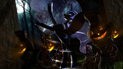 Size: 3840x2160 | Tagged: safe, artist:fanaticheretic7, derpibooru import, nightmare moon, alicorn, pony, 3d, basket, candle, cute, everfree forest, forest, full moon, halloween, happy, holiday, jack-o-lantern, magic, magic circle, mlp fim's fourteenth anniversary, moon, nature, nightmare night, pumpkin, smiling, solo, summoning, summoning circle, tree, tribute, wholesome