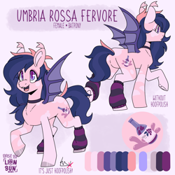 Size: 2000x2000 | Tagged: safe, artist:lionbun, derpibooru import, oc, oc:umbria, bat pony, base used, character design, choker, clothes, female, hoof polish, leg warmers, mare, reference sheet