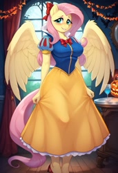 Size: 832x1216 | Tagged: safe, ai content, derpibooru import, generator:pony diffusion v6 xl, generator:stable diffusion, machine learning generated, fluttershy, alicorn, anthro, pegasus, series:nightmare night ai costume showcase, g4, beautiful, clothes, costume, cute, dress, female, generator:civitai, halloween, halloween costume, halloween party, holiday, nightmare night, nightmare night costume, nightmare night party, prompter:shajoe, shyabetes, snow white, snow white and the seven dwarfs, solo