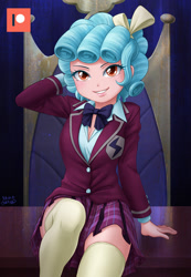 Size: 828x1200 | Tagged: safe, artist:uotapo, derpibooru import, cozy glow, human, equestria girls, g4, bowtie, breasts, chair, clothes, collared shirt, cowboy hat, crystal prep academy uniform, grin, hair ribbon, hat, looking at you, on table, patreon, patreon logo, plaid skirt, ribbon, school uniform, shirt, skirt, smiling, socks, thigh highs