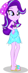 Size: 1622x4234 | Tagged: safe, artist:dustinwatsongkx, derpibooru import, starlight glimmer, human, equestria girls, g4, bare shoulders, beanie, clothes, clothes swap, female, geode of shielding, hat, magical geodes, rarity's blue sarong, rarity's purple bikini, sarong, simple background, sleeveless, solo, sports bra, swimsuit, swimsuit swap, transparent background