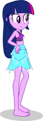 Size: 1436x4029 | Tagged: safe, alternate version, artist:dustinwatsongkx, derpibooru import, twilight sparkle, human, equestria girls, g4, accessory swap, bare shoulders, barefoot, clothes, clothes swap, feet, female, rarity's blue sarong, rarity's purple bikini, sandals, sarong, simple background, sleeveless, solo, swimsuit, swimsuit swap, transparent background, vector