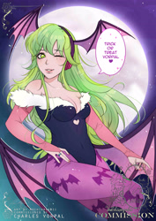 Size: 2894x4093 | Tagged: safe, artist:mochiwasabii, derpibooru import, lemon zest, human, succubus, equestria girls, g4, clothes, cosplay, costume, darkstalkers, halloween, halloween costume, holiday, implied canon x oc, morrigan aensland, solo, speech bubble, wings