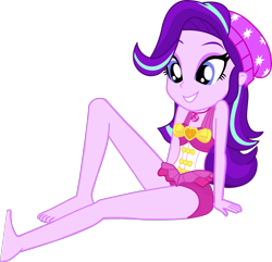 Size: 1382x1335 | Tagged: safe, alternate version, artist:dustinwatsongkx, derpibooru import, starlight glimmer, human, equestria girls, g4, bare shoulders, barefoot, beanie, clothes, clothes swap, feet, female, geode of sugar bombs, hat, magical geodes, one-piece swimsuit, pinkie pie swimsuit, simple background, sleeveless, solo, swimsuit, swimsuit swap, transparent background