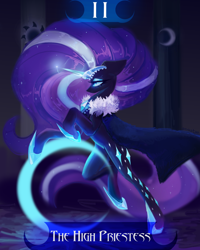 Size: 4000x5000 | Tagged: safe, artist:anastas, derpibooru import, part of a set, nightmare rarity, pony, unicorn, series:ask nightmare rarity, g4, ask, cape, clothes, column, crystal, detailed background, ears, english, ethereal mane, ethereal tail, eyelashes, eyeshadow, female, floppy ears, flowing mane, flowing tail, glowing, glowing horn, halloween, holiday, hoof shoes, horn, jewelry, magic, magic aura, makeup, mare, mlp art ask (ru), moon, nightmare night, nightmarified, princess shoes, regalia, slit eyes, solo, standing, starry mane, starry tail, tail, tarot, tarot card, text, tiara