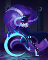 Size: 4000x5000 | Tagged: safe, alternate version, artist:anastas, derpibooru import, part of a set, nightmare rarity, pony, unicorn, series:ask nightmare rarity, g4, ask, cape, clothes, column, crystal, detailed background, ears, ethereal mane, ethereal tail, eyelashes, eyeshadow, female, floppy ears, flowing mane, flowing tail, glowing, glowing horn, hoof shoes, horn, jewelry, magic, magic aura, makeup, mare, mlp art ask (ru), moon, nightmarified, princess shoes, regalia, slit eyes, solo, standing, starry mane, starry tail, tail, tarot, tarot card, textless, tiara