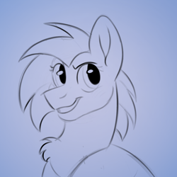 Size: 2048x2048 | Tagged: safe, artist:vendette, derpibooru import, oc, oc only, oc:jitterbug, earth pony, pony, blue background, monochrome, simple background, sketch, smiling, solo