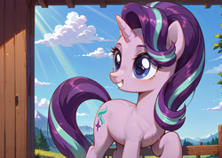 Size: 3744x2664 | Tagged: safe, ai content, derpibooru import, machine learning generated, starlight glimmer, pony, unicorn, g4, bangs, cloud, eyelashes, female, horn, looking at someone, mare, prompter:bluetoothworld, sky, smiling, solo, tail, tree