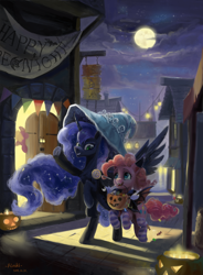 Size: 4000x5436 | Tagged: safe, artist:flvski, derpibooru import, pinkie pie, princess luna, alicorn, earth pony, pony, candy, clothes, duo, duo female, female, food, halloween, holiday, jack-o-lantern, moon, night, nightmare night, pumpkin, pumpkin bucket, socks, street, striped socks