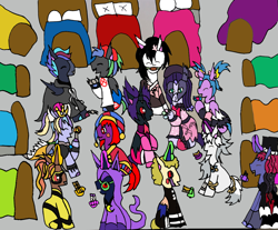 Size: 1168x968 | Tagged: safe, artist:ask-luciavampire, derpibooru import, oc, alicorn, earth pony, pegasus, pony, unicorn, candy, clothes, costume, female, filly, foal, food, halloween, halloween 2024, halloween costume, holiday, horn, kids, tumblr