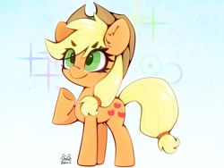 Size: 4000x3000 | Tagged: safe, artist:zokkili, derpibooru import, earth pony, pony, g4, applejack's hat, clothes, cowboy hat, ear fluff, ears, eye clipping through hair, eyebrows, eyebrows visible through hair, female, hat, high res, mare, raised hoof, raised leg, signature, smiling, solo, sparkles, underhoof