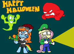 Size: 1024x740 | Tagged: safe, artist:dragonboi471, artist:rainbowdashsmailbag, derpibooru import, fluttershy, rainbow dash, ghost, pony, undead, clothes, costume, flashlight (object), halloween, holiday, luigi, meggy spletzer, super mario bros.