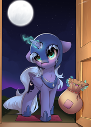 Size: 2500x3500 | Tagged: safe, artist:skitsroom, derpibooru import, nightmare moon, princess luna, alicorn, pony, g4, clothes, costume, cute, door, female, filly, foal, full moon, glowing, glowing horn, halloween, halloween costume, holiday, horn, looking at you, lunabetes, moon, moonabetes, s1 luna, sky, solo, stars, woona, younger