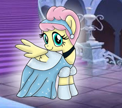 Size: 1280x1136 | Tagged: safe, artist:mlplary6, derpibooru import, fluttershy, pegasus, pony, alternate hairstyle, choker, cinderella, clothes, cute, dress, evening gloves, female, gloves, gown, hair bun, hairband, long gloves, mare, poofy shoulders, shyabetes, smiling, solo, spread wings, staircase, stairs, wings