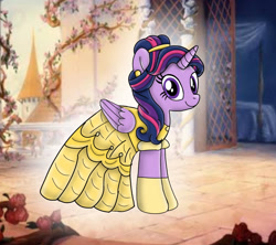 Size: 1280x1136 | Tagged: safe, artist:mlplary6, derpibooru import, twilight sparkle, twilight sparkle (alicorn), alicorn, pony, alternate hairstyle, beauty and the beast, belle, clothes, cute, dress, ear piercing, earring, evening gloves, female, gloves, gown, jewelry, long gloves, mare, piercing, smiling, solo, twiabetes