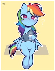 Size: 1594x2048 | Tagged: safe, artist:eltrash_art6, derpibooru import, rainbow dash, pegasus, pony, blushing, clothes, coffee, coffee cup, cup, female, mare, shirt, solo, t-shirt, tired