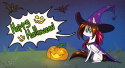 Size: 1600x869 | Tagged: safe, artist:sunny way, derpibooru import, oc, oc:sunny way, bat, pegasus, pony, spider, g4, chibi, cute, digital art, female, feral, halloween, halloween2024, happy halloween, holiday, mare, night, omg, pumpkin, small, solo, stars, tired, witch