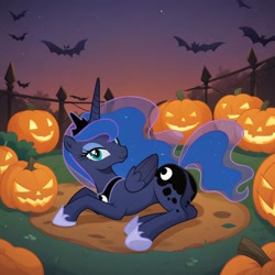 Size: 1024x1024 | Tagged: safe, ai content, derpibooru import, generator:pony diffusion v6 xl, generator:stable diffusion, machine learning generated, princess luna, alicorn, bat, pony, g4, bedroom eyes, butt, cute, dusk, evening, female, halloween, halloween 2024, holiday, horn, lidded eyes, looking at you, lying down, mare, moonbutt, nightmare night, plot, prompter:harvydraws, prone, pumpkin, sexy, show accurate, smiling, smiling at you, solo, stupid sexy princess luna