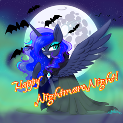 Size: 1080x1080 | Tagged: safe, artist:astralune, derpibooru import, princess luna, alicorn, bat, g4, cape, cloak, clothes, ethereal mane, eyeshadow, looking at you, makeup, mlp fim's fourteenth anniversary, moon, nightmare night, outdoors, signature, slit eyes, solo, starry mane, text