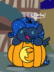 Size: 1350x1800 | Tagged: safe, artist:flutterluv, derpibooru import, rarity, pony, unicorn, g4, clothes, costume, darling, fake wings, halloween, holiday, horn, jack-o-lantern, night, nightmare night, ponyville, princess luna costume, pumpkin, smiling, solo