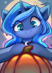 Size: 842x1191 | Tagged: safe, artist:chaosangeldesu, derpibooru import, princess luna, alicorn, bat, pony, choker, cute, halloween, holiday, mlp fim's fourteenth anniversary, moon, pumpkin, smiling, solo