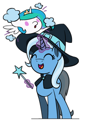 Size: 1350x1800 | Tagged: safe, artist:flutterluv, derpibooru import, princess celestia, trixie, alicorn, pony, g4, 2024, blob, blob pony, duo, duo female, female, hat, magic wand, simple background, smiling, transparent background, trixie day, witch costume, witch hat