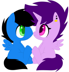 Size: 3340x3469 | Tagged: safe, artist:melodytheartpony, derpibooru import, oc, oc only, oc:griff, oc:violet scratch, alicorn, pegasus, 2014, alicorn oc, doodle, duo, ear piercing, facing each other, female, feral, happy, horn, looking at each other, looking at someone, male, old art, pegasus oc, piercing, shipping, short mane, signature, simple background, sitting, smiling, spread wings, straight, white background, wings