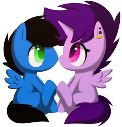 Size: 3340x3468 | Tagged: safe, alternate version, artist:melodytheartpony, derpibooru import, oc, oc only, oc:griff, oc:violet scratch, alicorn, pegasus, 2014, alicorn oc, doodle, duo, ear piercing, facing each other, female, feral, happy, horn, looking at each other, looking at someone, male, old art, pegasus oc, piercing, shipping, short mane, signature, simple background, sitting, smiling, spread wings, straight, white background, wings