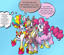 Size: 1966x1668 | Tagged: safe, artist:cupute, derpibooru import, nightmare moon, pinkie pie, princess luna, oc, oc:french fry grease, horse, pony, big ears, black eye, blue background, bowtie, brown coat, clothes, clown, clown (wild manes), clown makeup, clown nose, curly hair, curly mane, curly tail, cute, diapinkes, ears, eyelashes, face paint, flowing hair, flowing mane, flowing tail, gradient hooves, gradient muzzle, green eyes, height difference, meme, mlp fim's fourteenth anniversary, multicolored hair, nightmare night, pink coat, pink mane, rainbow hair, red nose, reference to another series, shoes, silly, silly pony, simple background, speech bubble, tail, talking, text, trio, trotting, white coat, wild manes, wild manes on roblox, wildmanes, yellow mane