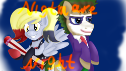 Size: 1920x1080 | Tagged: safe, artist:jbond, derpibooru import, derpy hooves, doctor whooves, earth pony, pegasus, pony, g4, alternate hair color, alternate hairstyle, baseball bat, clothes, cosplay, costume, dc comics, duo, female, harley quinn, joker (2019), male, text