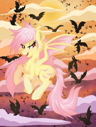 Size: 1800x2400 | Tagged: safe, artist:annuthecatgirl, derpibooru import, fluttershy, bat, bat pony, pegasus, bat ponified, cloud, flutterbat, flying, halloween, holiday, race swap, sky, solo, sunset