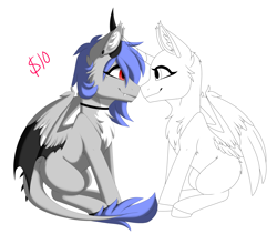 Size: 3600x3038 | Tagged: safe, artist:melodytheartpony, derpibooru import, oc, oc only, oc:melody silver, dracony, dragon, hybrid, any character, any gender, choker, commission, duo, ear piercing, facing each other, female, feral, happy, looking at each other, looking at someone, piercing, short mane, signature, simple background, sitting, smiling, spread wings, white background, wings, your character here