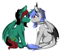 Size: 3600x3038 | Tagged: safe, alternate version, artist:melodytheartpony, derpibooru import, oc, oc only, oc:melody silver, alicorn, dracony, dragon, hybrid, choker, commission, duo, ear piercing, facing each other, female, feral, happy, long mane, looking at each other, looking at someone, piercing, short mane, signature, simple background, sitting, smiling, spread wings, white background, wings, ych result, your character here