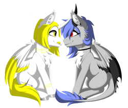 Size: 3600x3038 | Tagged: safe, alternate version, artist:melodytheartpony, derpibooru import, oc, oc only, oc:melody silver, alicorn, dracony, dragon, hybrid, choker, commission, duo, ear piercing, facial hair, facing each other, female, feral, happy, horn, looking at each other, looking at someone, male, moustache, piercing, short mane, signature, simple background, sitting, smiling, spread wings, white background, wings, ych result, your character here