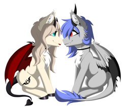 Size: 3600x3038 | Tagged: safe, alternate version, artist:melodytheartpony, derpibooru import, oc, oc only, oc:melody silver, dracony, dragon, hybrid, succubus, choker, commission, duo, ear piercing, facing each other, female, feral, happy, horns, looking at each other, looking at someone, piercing, short mane, signature, simple background, sitting, smiling, spread wings, white background, wings, ych result, your character here