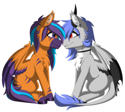 Size: 3401x3038 | Tagged: safe, alternate version, artist:melodytheartpony, derpibooru import, oc, oc only, oc:melody silver, alicorn, dracony, dragon, hybrid, pegasus, zebra, choker, commission, duo, ear piercing, facing each other, female, feral, happy, long mane, looking at each other, looking at someone, male, piercing, short mane, signature, simple background, sitting, smiling, spread wings, white background, wings, ych result, your character here