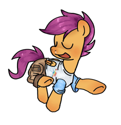 Size: 1514x1565 | Tagged: safe, artist:koidial, derpibooru import, scootaloo, pegasus, pony, g4, blushing, cargo shorts, clothes, cute, cutealoo, ear blush, eyes closed, female, filly, foal, folded wings, hoof blush, open mouth, open smile, orange coat, purple mane, purple tail, rainbow dash's cutie mark, raised hoof, raised leg, shiny mane, shiny tail, shirt, shorts, simple background, smiling, snot, solo, t-shirt, tail, three quarter view, transparent background, walking, wings