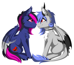 Size: 3471x3038 | Tagged: safe, alternate version, artist:melodytheartpony, derpibooru import, oc, oc only, oc:melody silver, alicorn, dracony, dragon, hybrid, pegasus, amputee, artificial wings, augmented, choker, commission, duo, ear piercing, facing each other, female, feral, happy, long mane, looking at each other, looking at someone, piercing, prosthetic limb, prosthetic wing, prosthetics, short mane, signature, simple background, sitting, smiling, spread wings, white background, wings, ych result, your character here