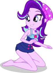 Size: 2793x3822 | Tagged: safe, alternate version, artist:dustinwatsongkx, derpibooru import, starlight glimmer, human, better together, equestria girls, g4, x marks the spot, accessory swap, bare arms, bare legs, bare shoulders, barefoot, beanie, clothes, clothes swap, eyeshadow, feet, female, geode of telekinesis, grin, hat, high res, jewelry, kneeling, magical geodes, makeup, necklace, one-piece swimsuit, sandals, sci-twi swimsuit, shadow, simple background, sleeveless, smiling, solo, swimsuit, swimsuit swap, teeth, transparent background