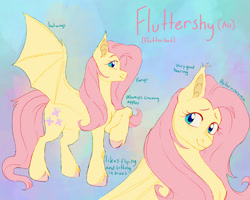 Size: 2000x1600 | Tagged: safe, artist:abbytabbys, derpibooru import, part of a set, fluttershy, bat pony, pony, fanfic:broken destiny, g4, alternate universe, bat ponified, blue text, blush lines, blushing, broken destiny au, bust, colored eyebrows, colored hooves, colored pinnae, ear tufts, eyelashes, fangs, female, flutterbat, gradient background, heterochromia, hooves, long mane, long tail, looking back, mare, multiple angles, pink hooves, pink mane, pink tail, pink text, profile, race swap, raised hoof, raised leg, reference sheet, smiling, solo, spread wings, standing, standing on three hooves, tail, three quarter view, transformed, unshorn fetlocks, wings, yellow coat