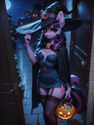 Size: 1320x1760 | Tagged: safe, ai content, machine learning generated, twilight sparkle, anthro, unicorn, female, full moon, jack-o-lantern, nightmare night, nightmare night costume, prompter:wolferin, solo