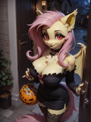 Size: 1320x1760 | Tagged: safe, ai content, machine learning generated, fluttershy, anthro, bat pony, pegasus, bat ponified, female, flutterbat, full moon, jack-o-lantern, nightmare night, nightmare night costume, prompter:wolferin, race swap, solo, vampire bat pony