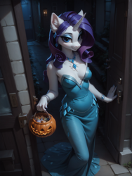 Size: 1320x1760 | Tagged: safe, ai content, machine learning generated, rarity, anthro, unicorn, female, full moon, jack-o-lantern, nightmare night, nightmare night costume, prompt in source, prompter:wolferin, solo