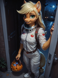 Size: 1320x1760 | Tagged: safe, ai content, machine learning generated, applejack, anthro, earth pony, astronaut, female, full moon, jack-o-lantern, nightmare night, nightmare night costume, prompt in source, prompter:wolferin, solo