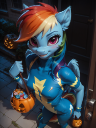 Size: 1320x1760 | Tagged: safe, ai content, machine learning generated, applejack, anthro, pegasus, female, full moon, jack-o-lantern, nightmare night, nightmare night costume, prompt in source, prompter:wolferin, shadowbolts costume, solo